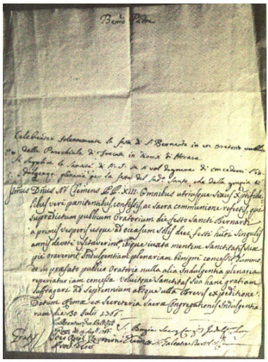 1766, lettera di concessione dell'indulgenza plenaria per la festa di San Bernardo, Papa Clemente XIII