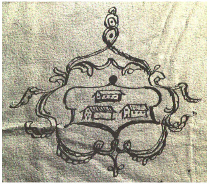 1744, disegno dello stemma comunale riportato in un "libro di scossa" della Fabbriceria
